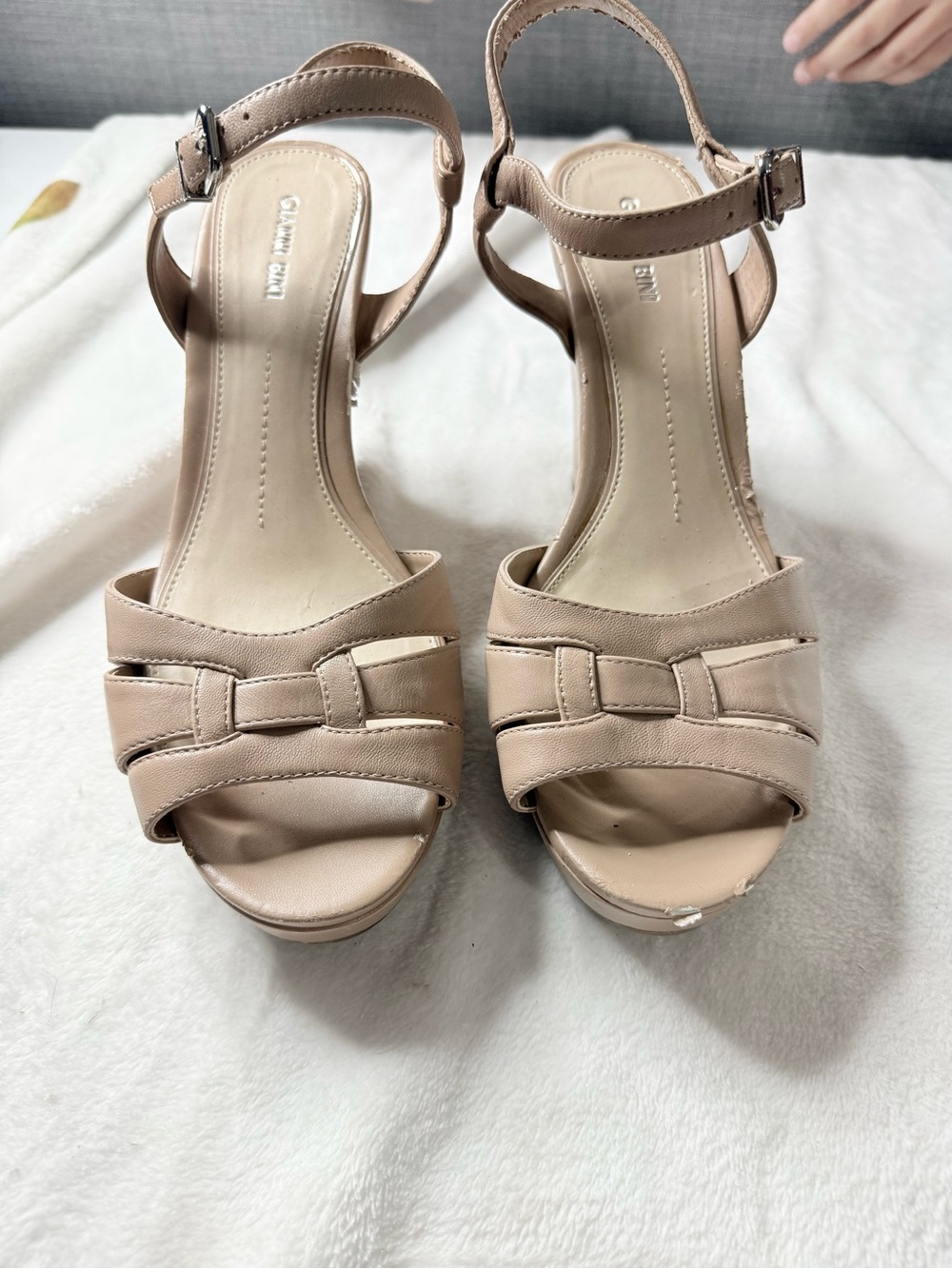 Gianni Bini Nude Platform Wedge Sandals Ankle Strap Open Toe Heels Sz